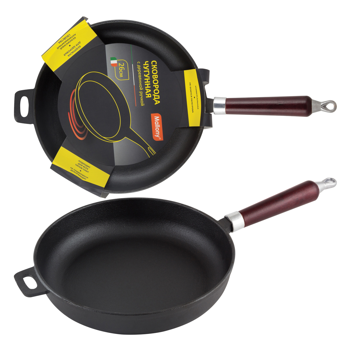 Сковорода чугунная 26 см ручка дерев. (1/4) "mallony"  cif26-w