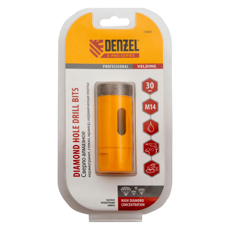 Сверло алмазное по керамограниту, 30 мм, мокрая резка, М14 Denzel (72683)