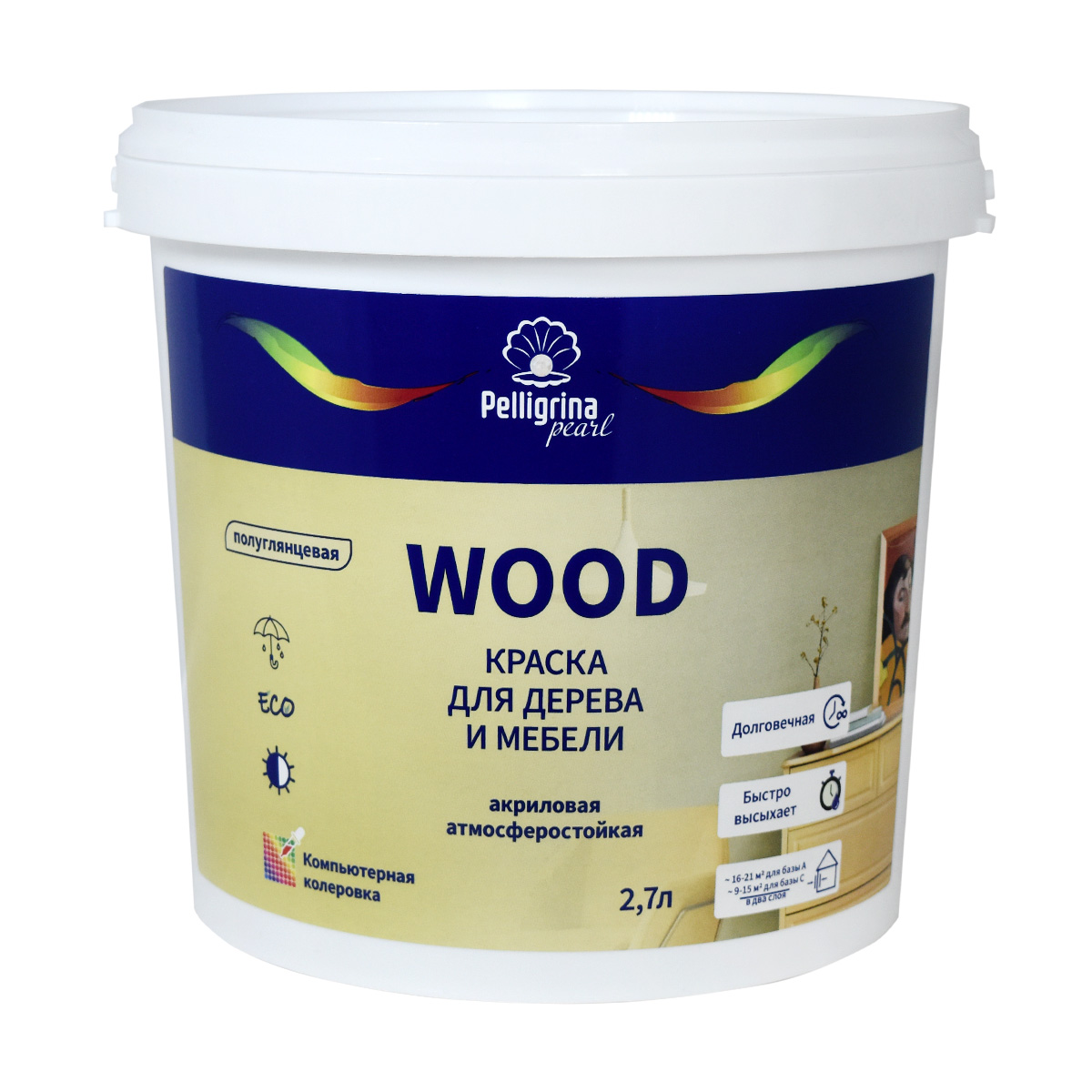 Краска "wood" для дерева и мебели акриловая база а 2,7 л (1/2) "пеллигрина жемчуг"