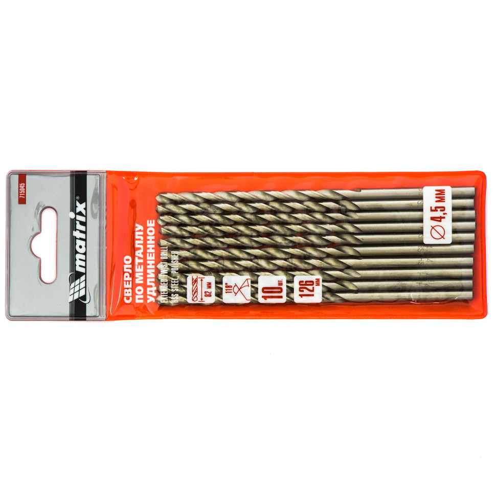 Сверло по металлу, 4.5 х 126 мм, полированное, удл, HSS, 10 шт, цилиндрический хвостовик Matrix (715045)