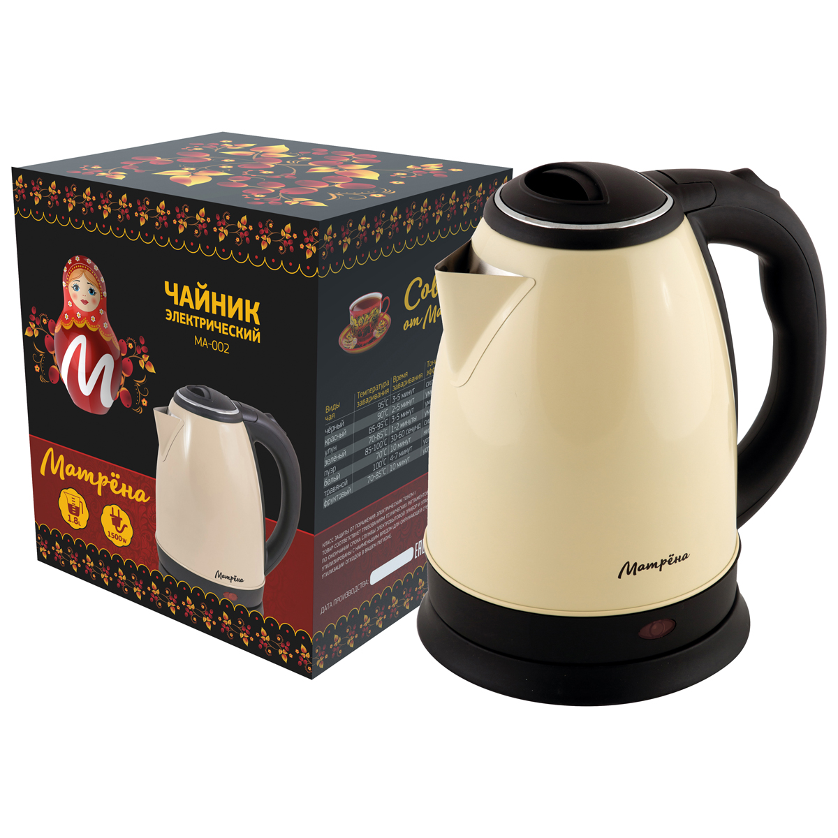 Чайник электр. "матрёна" ma-002 1,8 л (1/12) сталь (бежевый)