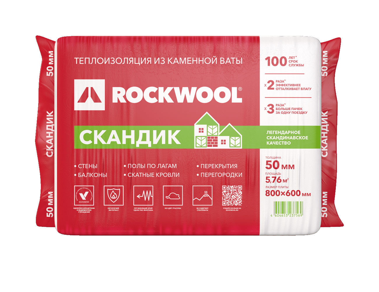 Утеплитель Роквул Скандик 800x600x50мм (уп/12плит, 5,76м2/0,288м3)