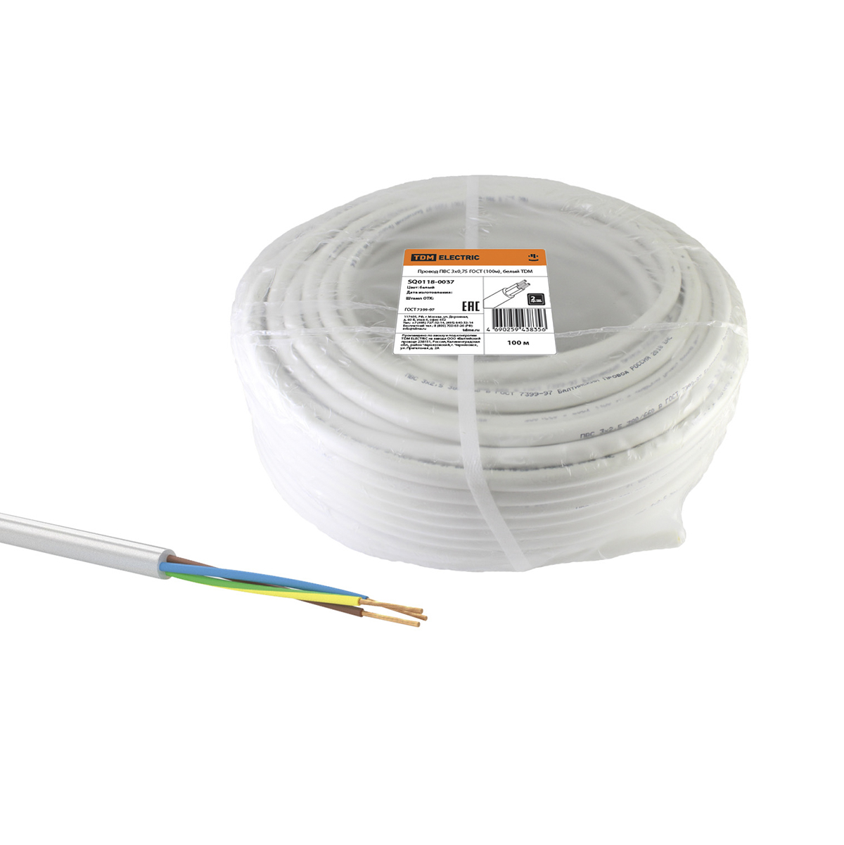 Провод пвс 3 х 0,75 мм² гост (бухта 100 м) белый (1) tdm sq0118-0037