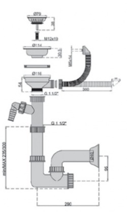 Сифон "ревизия" для мойки с подводкой для шланга, нерж. решеткой 1"1/2х40мм D=115мм M0480 MIANO