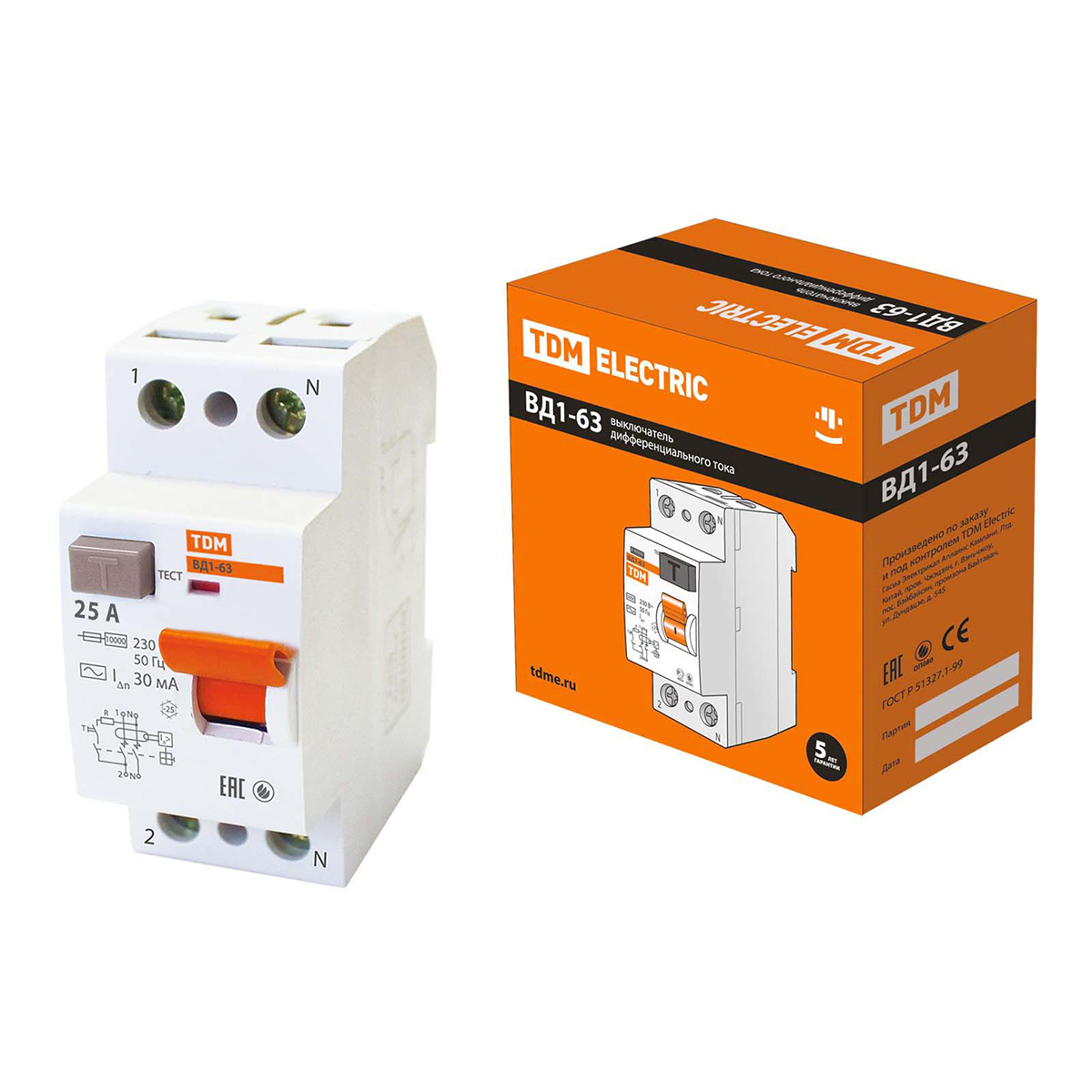 Устройство защитного отключения узо вд1-63 2р 25а 30ма (1/6/60) tdm sq0203-0008