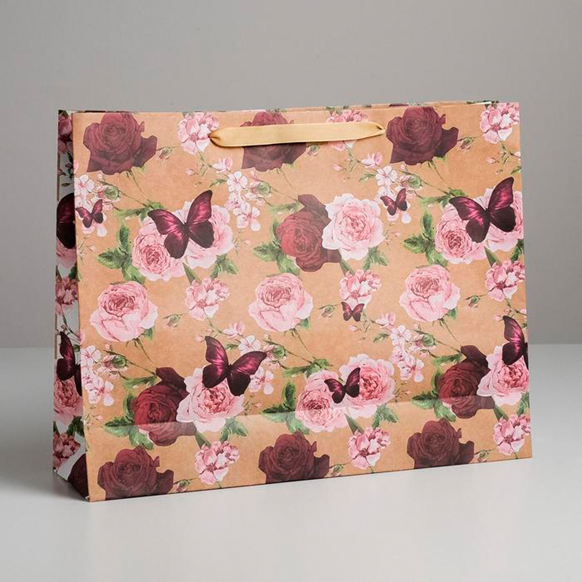 Пакет подарочный крафтовый "бабочки" 40*31*11,5 см (1/3/120) "дарите счастье" 5165254