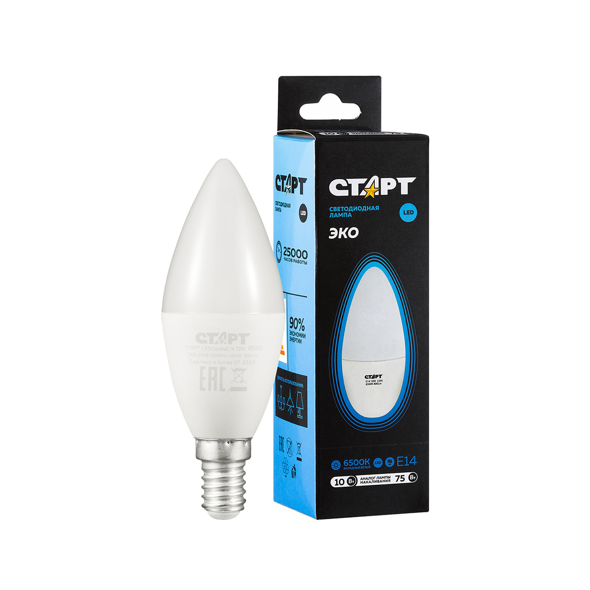 Лампа светодиодная "старт эко" свеча 10w 6500 к  e14, белый хол. свет (10/100)