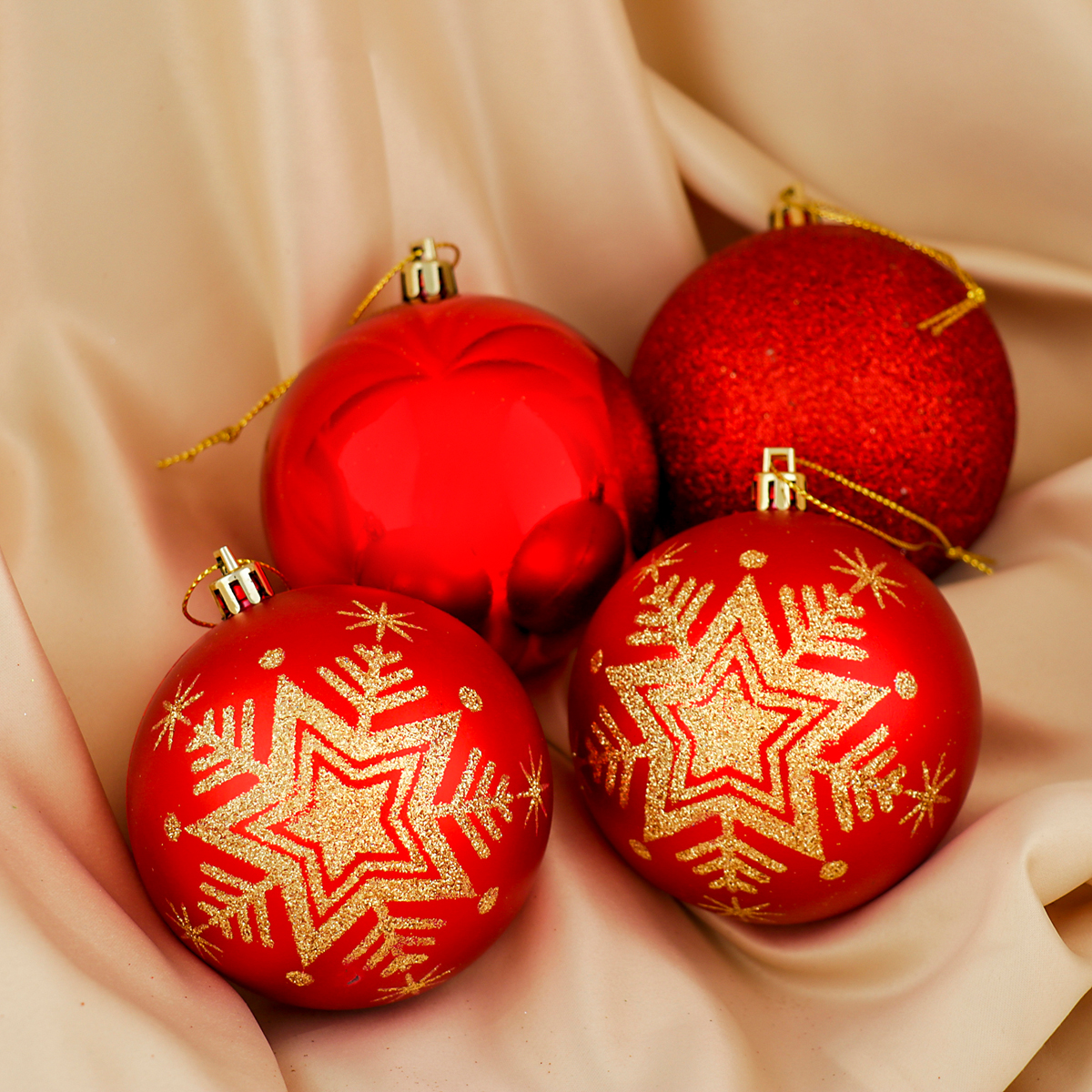 Шары новогодние d-8 см (набор 4 шт.) "снежинка блестка" красный "зимнее волшебство" 3276592