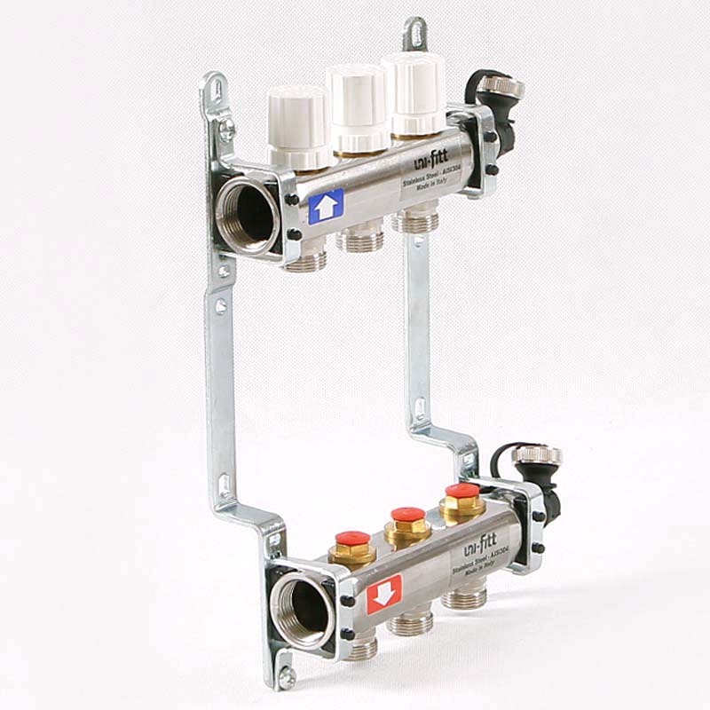 Колл. группа UNI-FITT 1"x3/4" ЕК 3 выхода с вентилями и дренажными клапанами - нерж.сталь