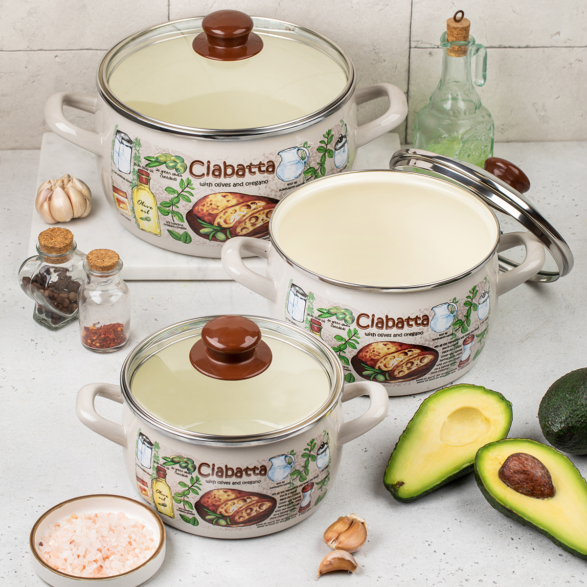 Набор кастрюль эмалиров. "чиабатта" (2,4 + 3,3 + 5,7 л) (1) "metrot"