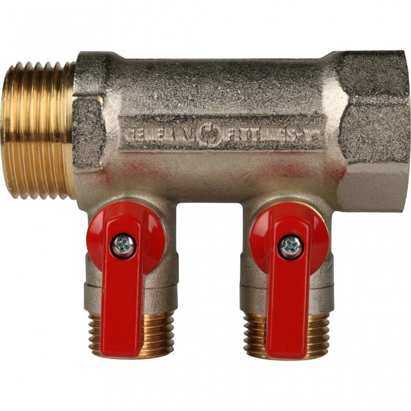 Коллектор с шаровыми кранами 1" STOUT 2 выхода 1/2", красные ручки