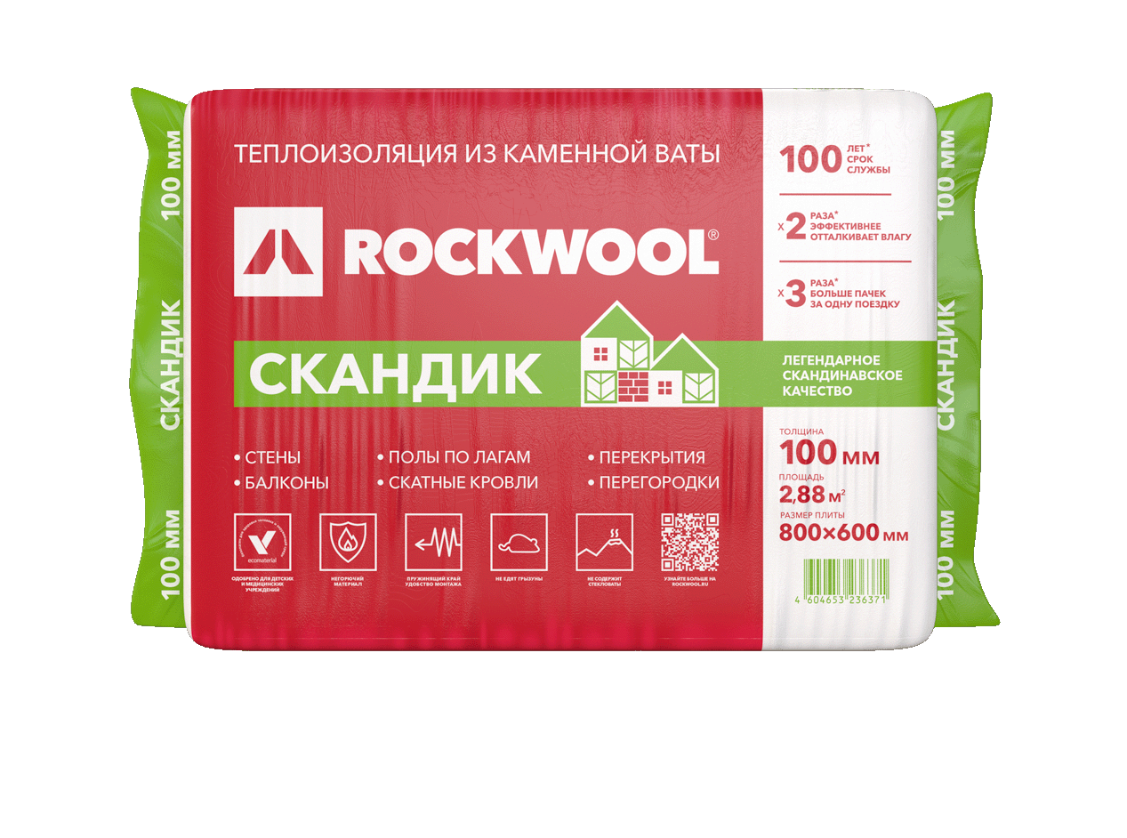 Утеплитель Роквул Скандик 800х600х100 мм (уп/6плит, 2,88м2/0,288м3)