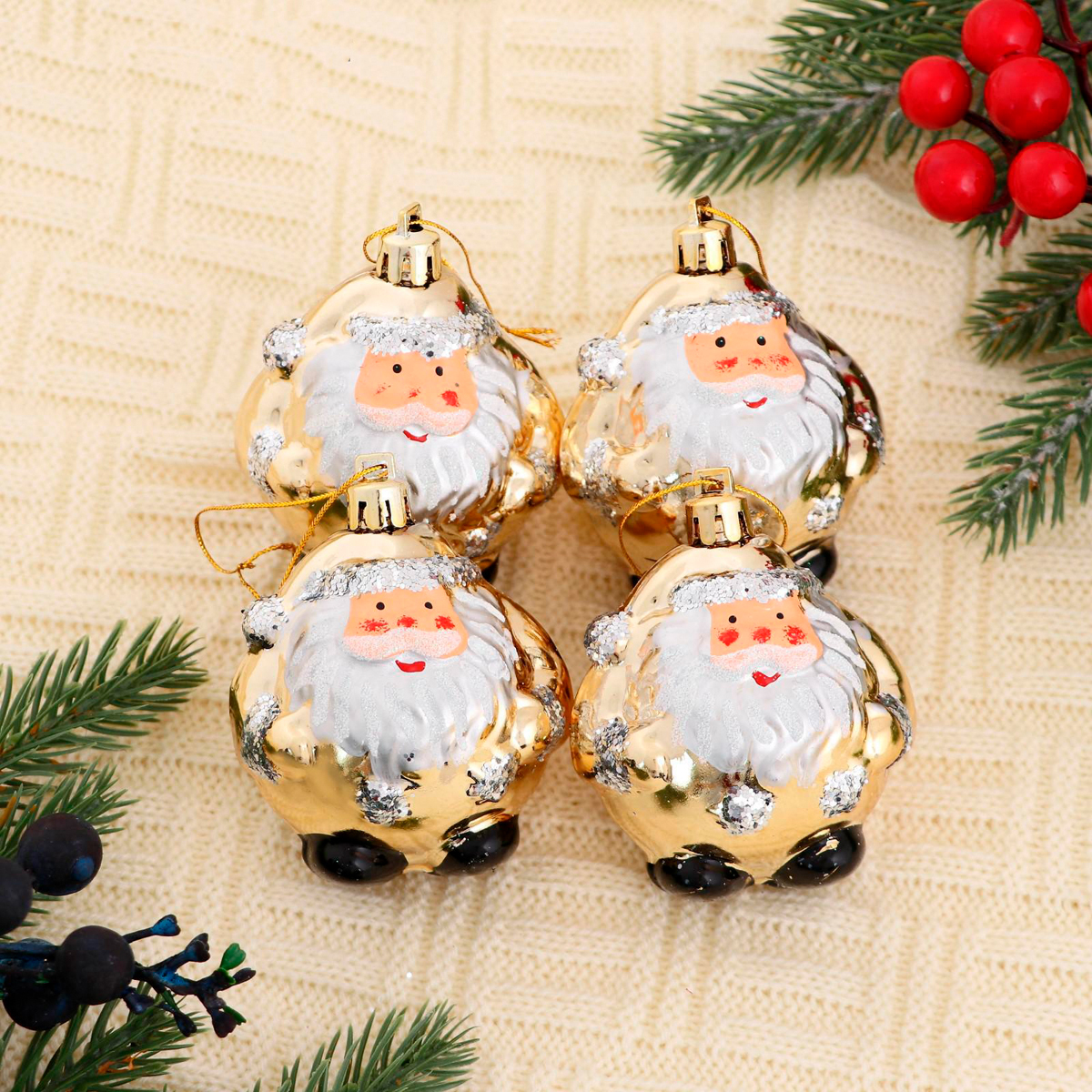 Украшение новогоднее "дед мороз - толстячок" (набор 4 шт.) 6*6,5 см, золотой 4941876