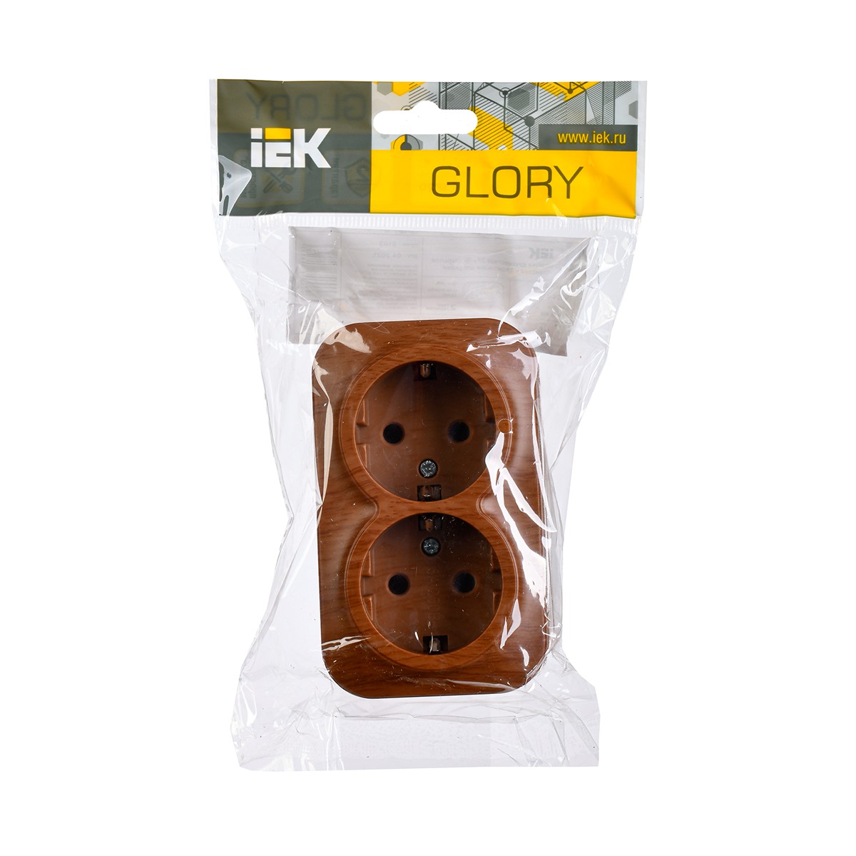 Розетка открыт. уст. "glory" 2-х местн. с заземл. рс22-3-хд, 16а, дуб (1/18/216) "iek"