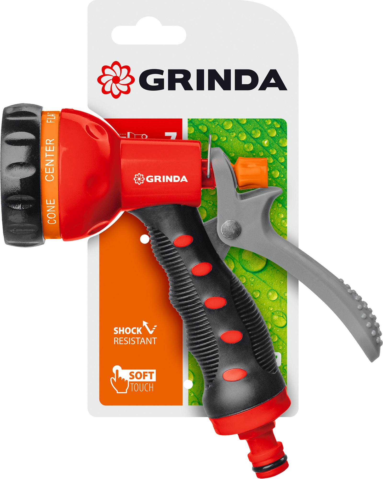 GRINDA T-7, 7 режимов, курок сзади, пластиковый с TPR, поливочный пистолет (8-427185)