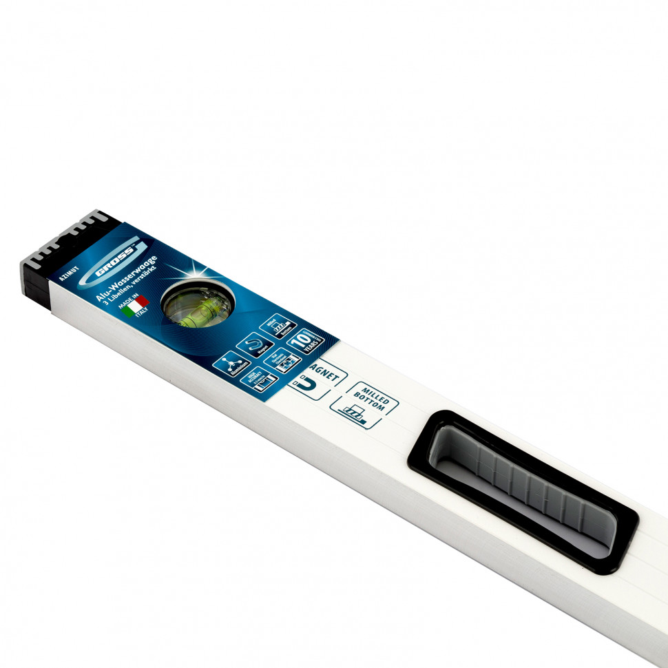 Уровень алюминиевый, 1000 мм, усиленный, рукоятки, фрезерованный, 3 глазка, магнитный Gross (34372)