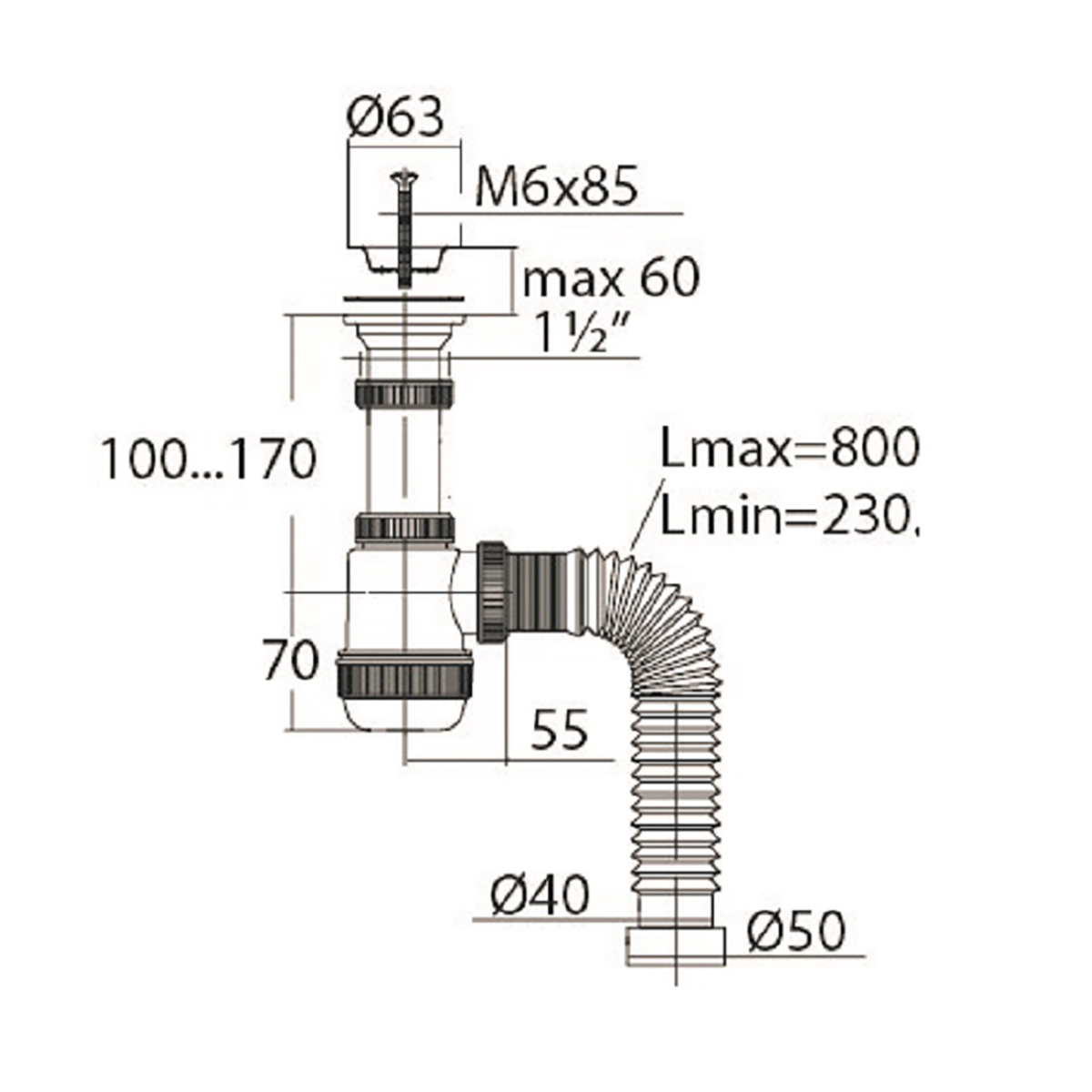 Сифон "элит мини" с нерж. чашкой 63 мм c гофротрубой 800 мм (1/30) "вирпласт"