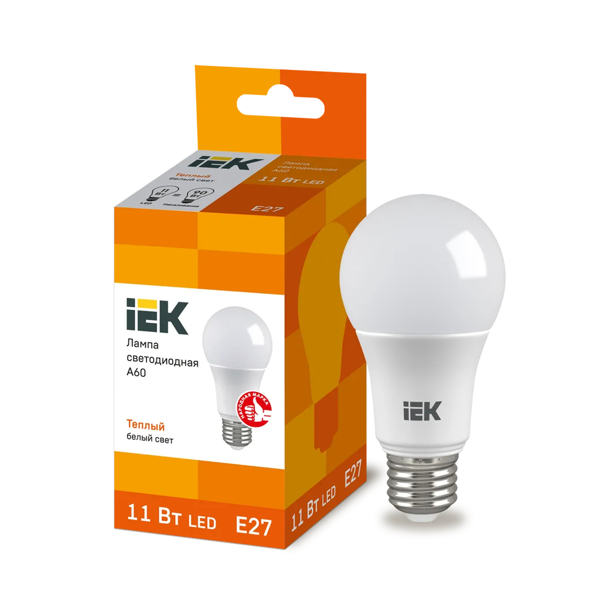 Лампа светодиодная (led) "iek" a60 шар 11w 3000 к e27, тепл. свет (10/100)