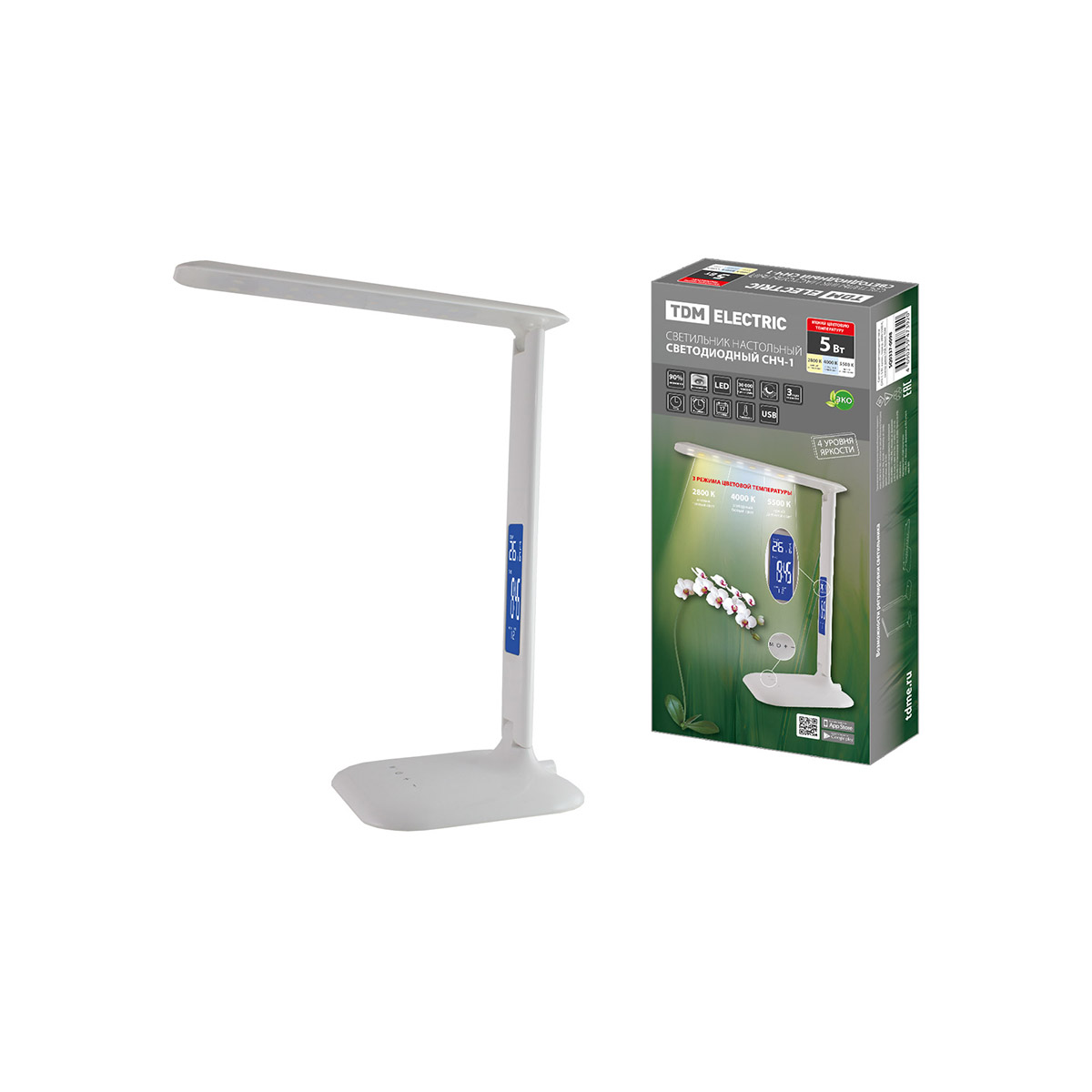 Лампа настольная светодиод. с часами снч-1, 5вт 2800-5500к, сенс-димм., белая (1/16) tdm sq0337-0098