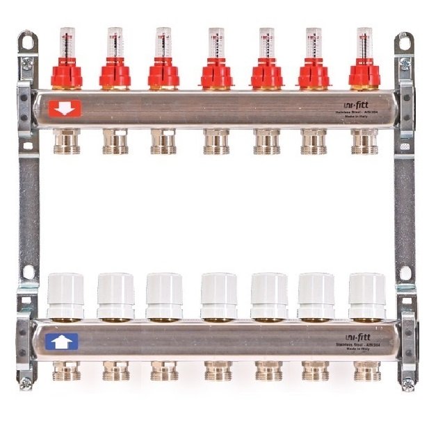 Коллекторная группа на 7 выходов 1'х3/4" ЕК UNI-FITT из нержавейки с расходомерами