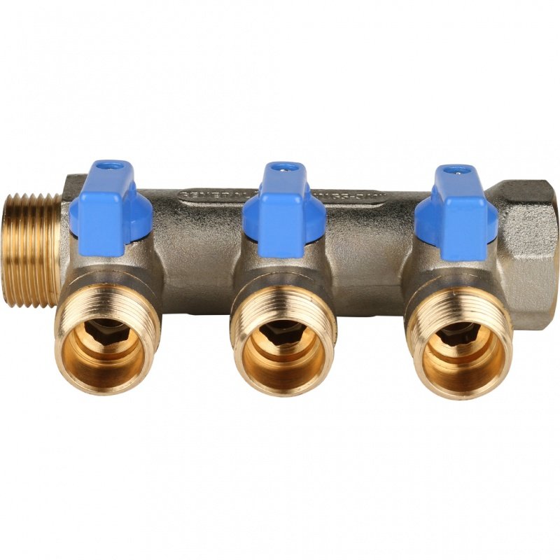 Коллектор с шаровыми кранами 3/4" STOUT 3 выхода 1/2", синие ручки