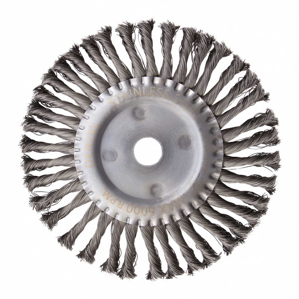 Щетка для УШМ, 200 мм, "Плоская", крученая нержавеющая проволока 0.5 мм, посадка 22.2 мм Denzel (746383)