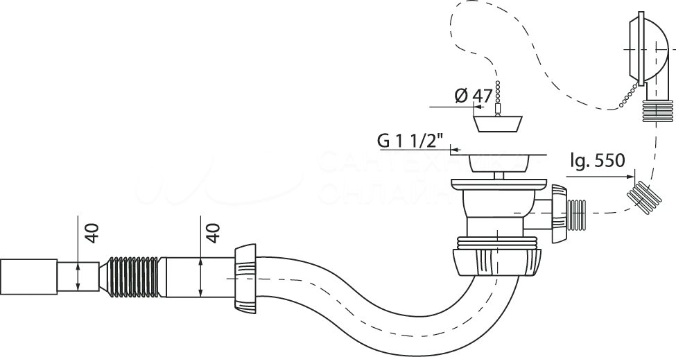 Слив-перелив S-образный с гофротрубой на 40x40/50, выпуск пластик WIRQUIN