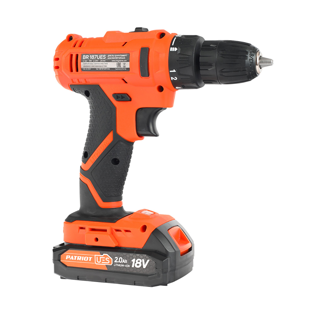 Дрель-шуруповерт аккумуляторная Patriot BR 187UES, 18 В, 2 x 2 Ач Li-ion, ЗУ