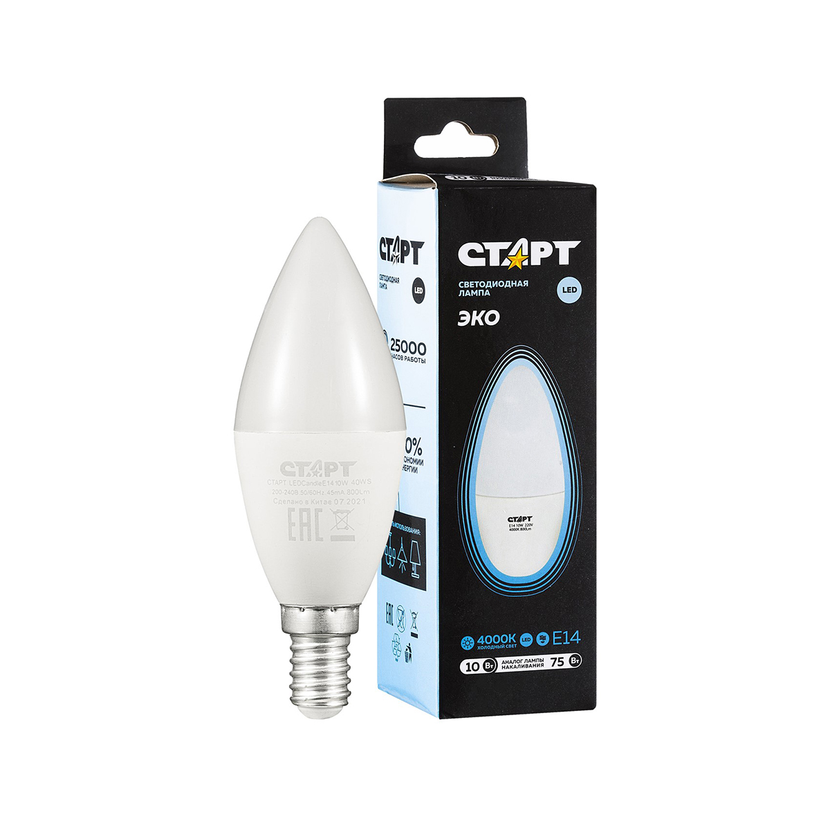 Лампа светодиодная "старт эко" свеча 10w 4000 к  e14, хол. свет (10/100)