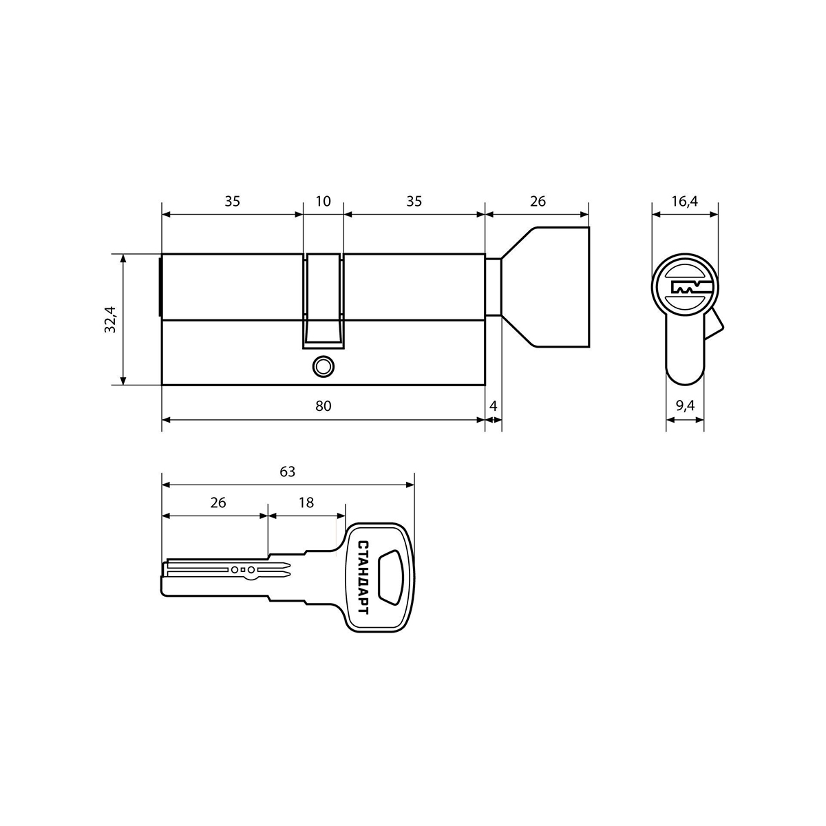 Цилиндров. механизм z.f.80в-5k sn (ключ/вертушка) матовый никель (1/12/120) "стандарт"