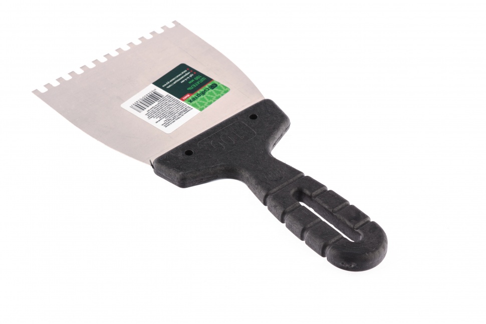 Шпатель из нержавеющей стали, 100 мм, зуб 4 х 4 мм, пластмассовая ручка Сибртех (85453)