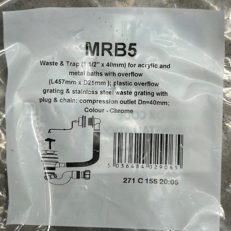 Слив -перелив McALPINE L=457 х 25 мм, пробка и цепочка, пласт. перелив, выход 40 мм компрес.