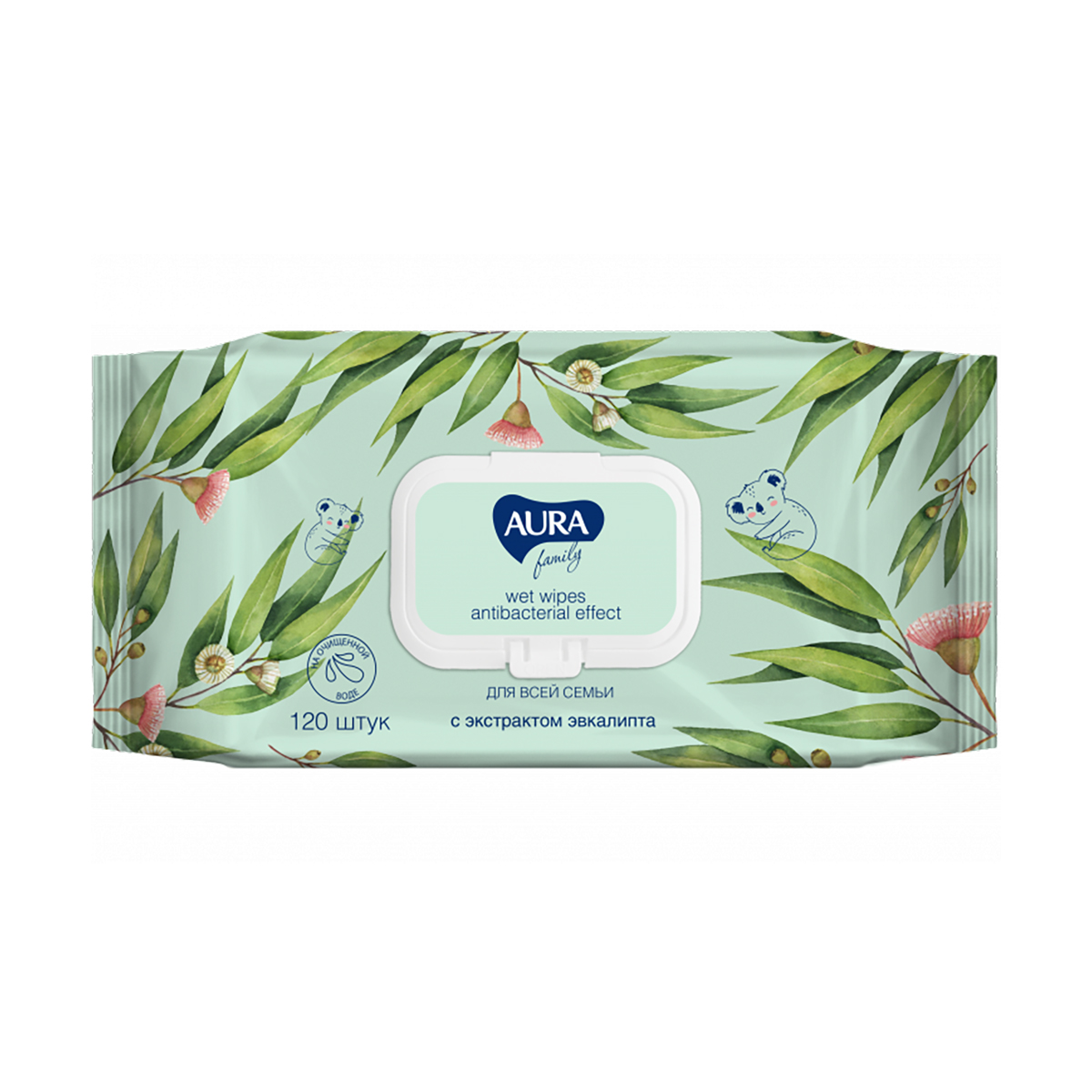 Салфетки влажные антибактер. "aura" family для всей семьи упак. 120 шт. (12)