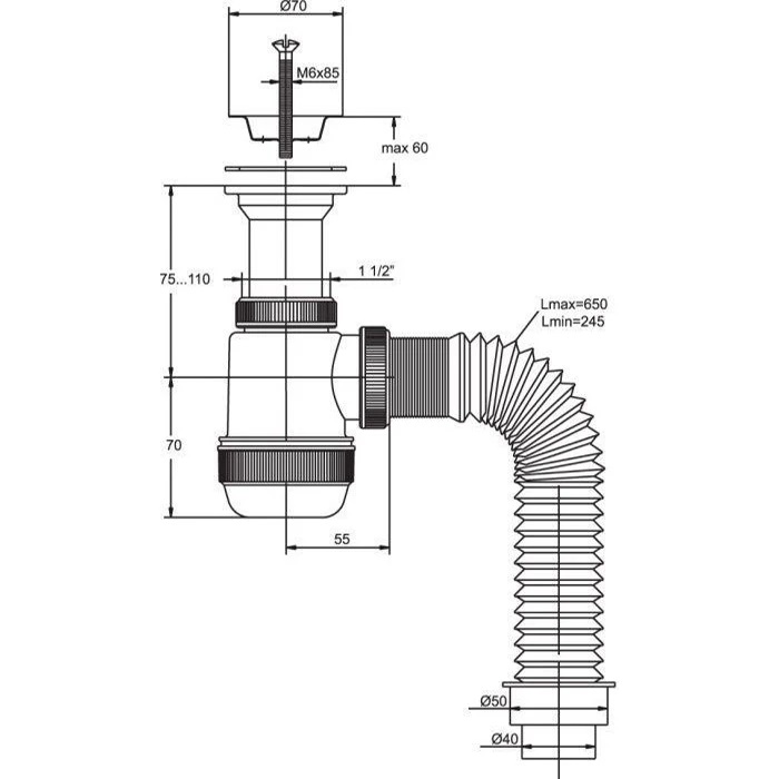Сифон Мини Элит 1 1/2 х 40 мм, нержавеющая чашка D63 мм, с отводом и c гофротрубой L800 мм WIRQUIN