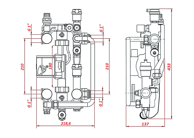 Насосно-смесительный узел ROMMER с термоголовкой, перепускным клапаном и байпасом, без насоса