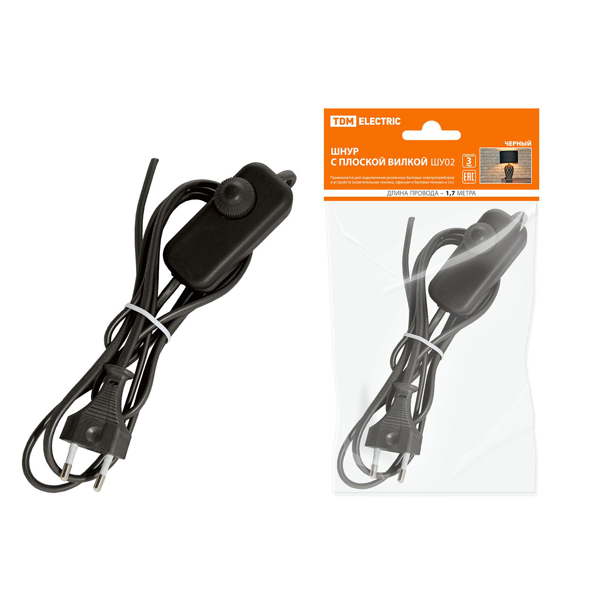 Шнур шввп 2 х 0,75 мм² 2 м, плоск. вилка, светорегулятор шу05с2, черный (1/80) tdm sq1305-0052