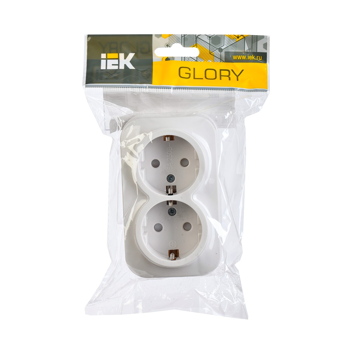 Розетка открыт. уст. "glory" 2-х местн. с заземл, с шторк. рсш22-3-хб, 16а, белый (1/18/216) "iek"