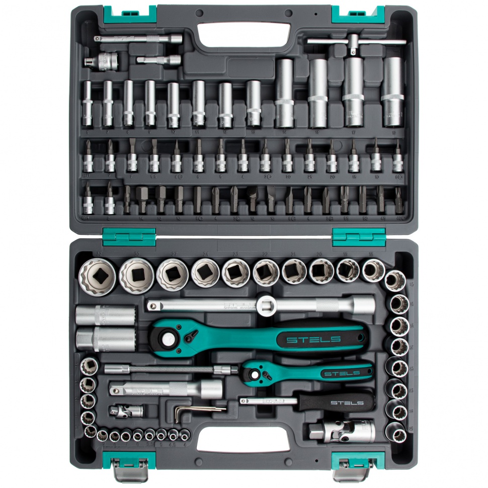 Набор инструментов, 1/2, 1/4, CrV, пластиковый кейс, 94 предмета, двенадцатигранные головки Stels (14118)