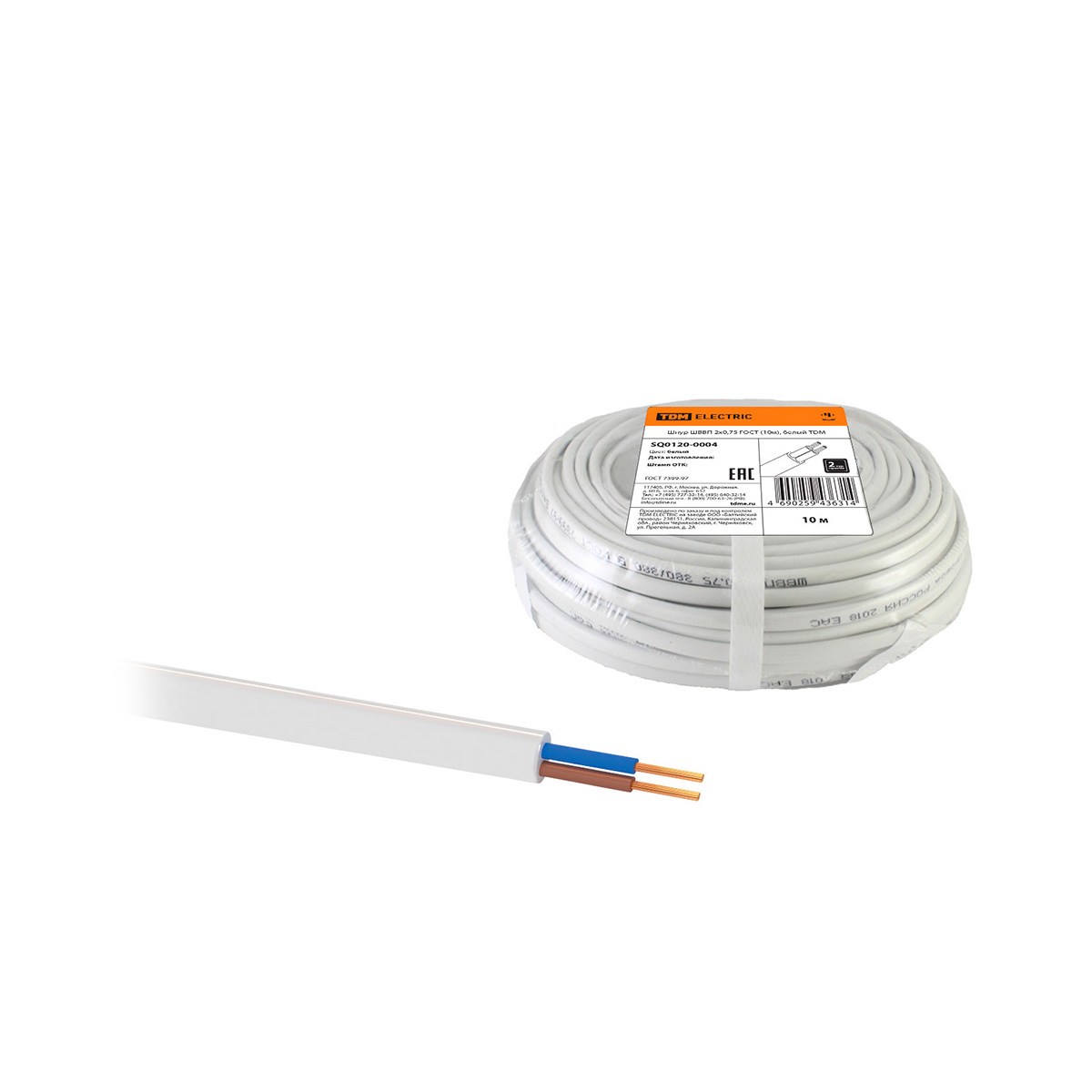 Шнур шввп 2 х 0,75 мм² гост (бухта 10 м) белый (1/20) tdm sq0120-0004