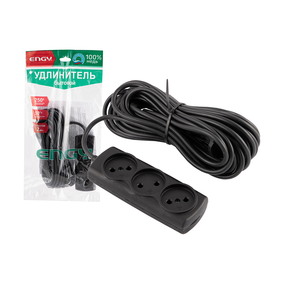 Удлинитель "engy премиум" 10 м, 3 розетки (пвс 2 х 0,75) черный (1/25)