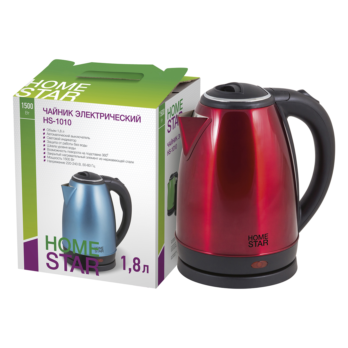 Чайник электр. "homestar" hs-1010  1,8 л (1/12) сталь (красный)