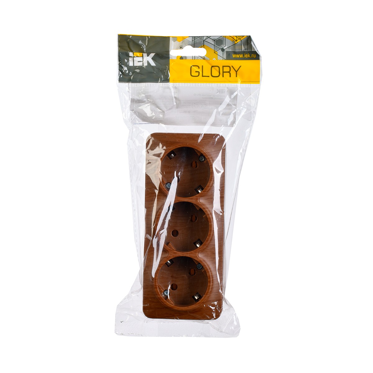 Розетка открыт. уст. "glory" 3-х местн. с заземл. рс23-3-хд, 16а, дуб (1/18/216) "iek"