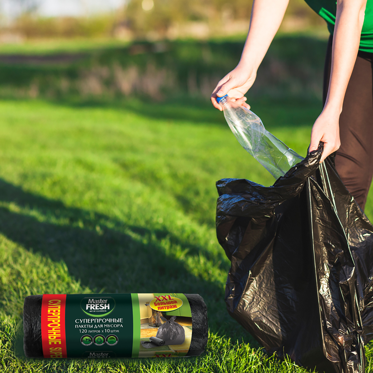 Пакеты для мусора суперпрочные 120 л рулон 10 шт. (черные) 22 мкм (1/20) "master fresh"