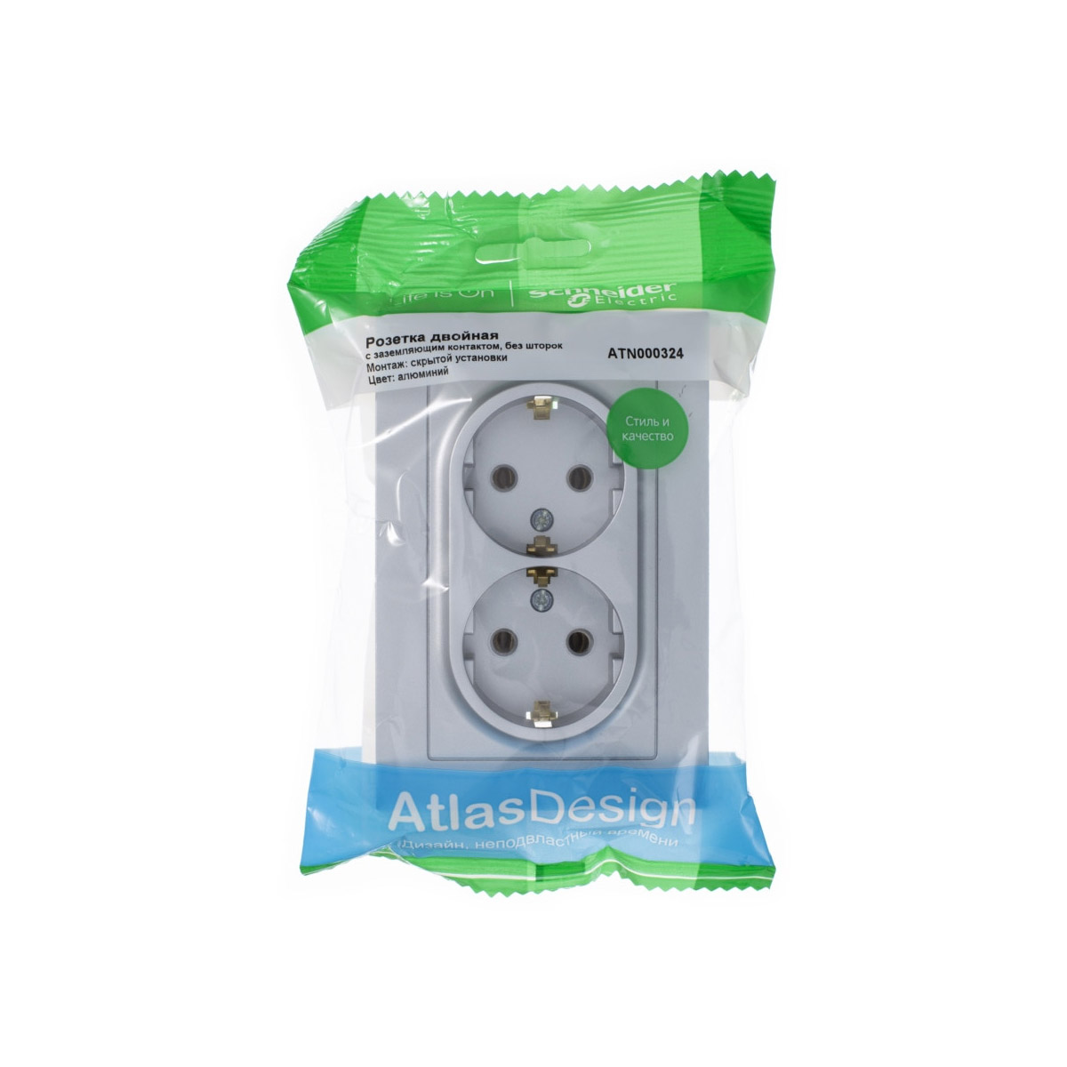 Розетка "atlasdesign" 2-х местн. с заземл. 16а, алюминий (1/6/36) "schneider"