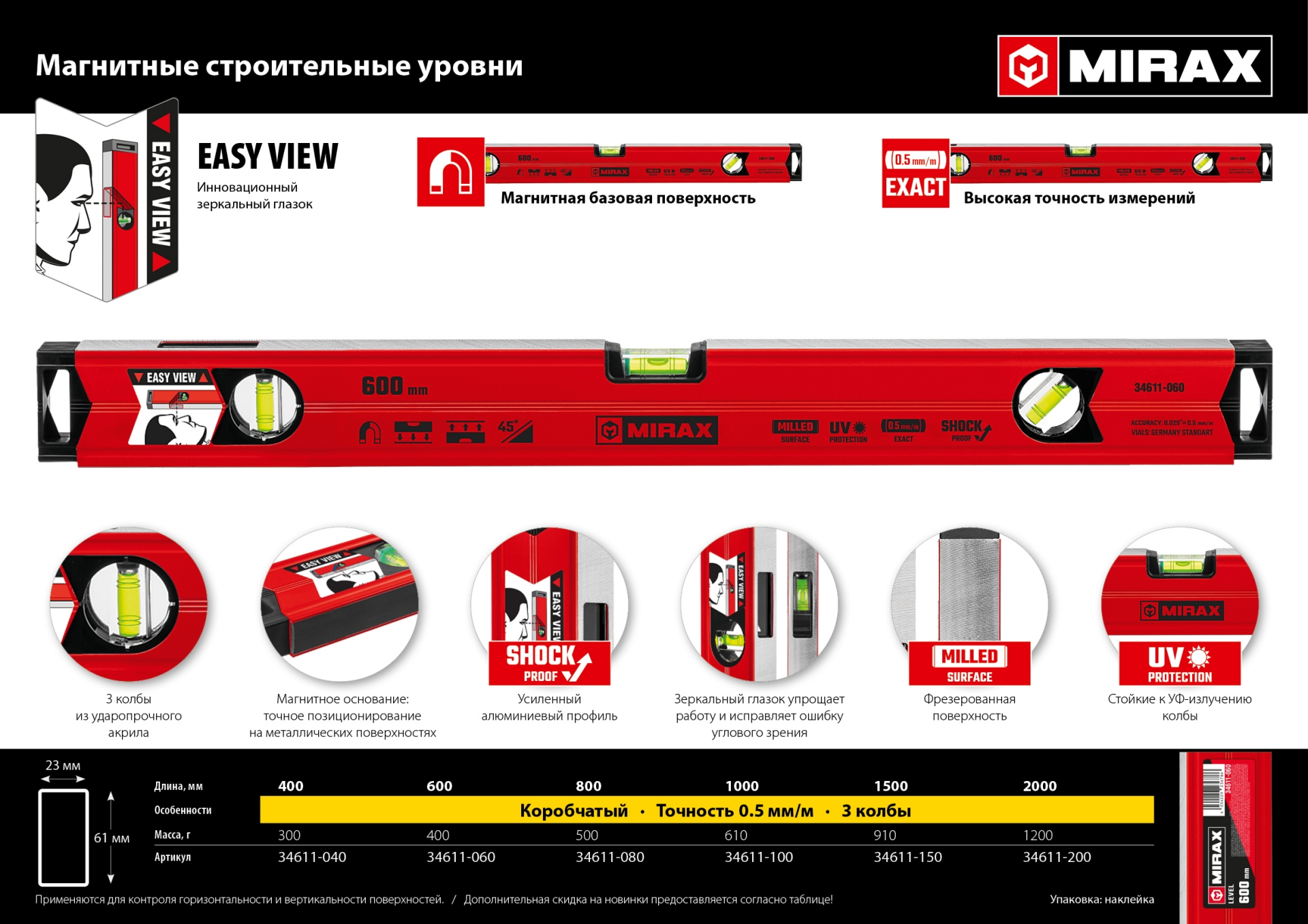 MIRAX 800 мм, с зеркальным глазком, магнитный уровень (34611-080)