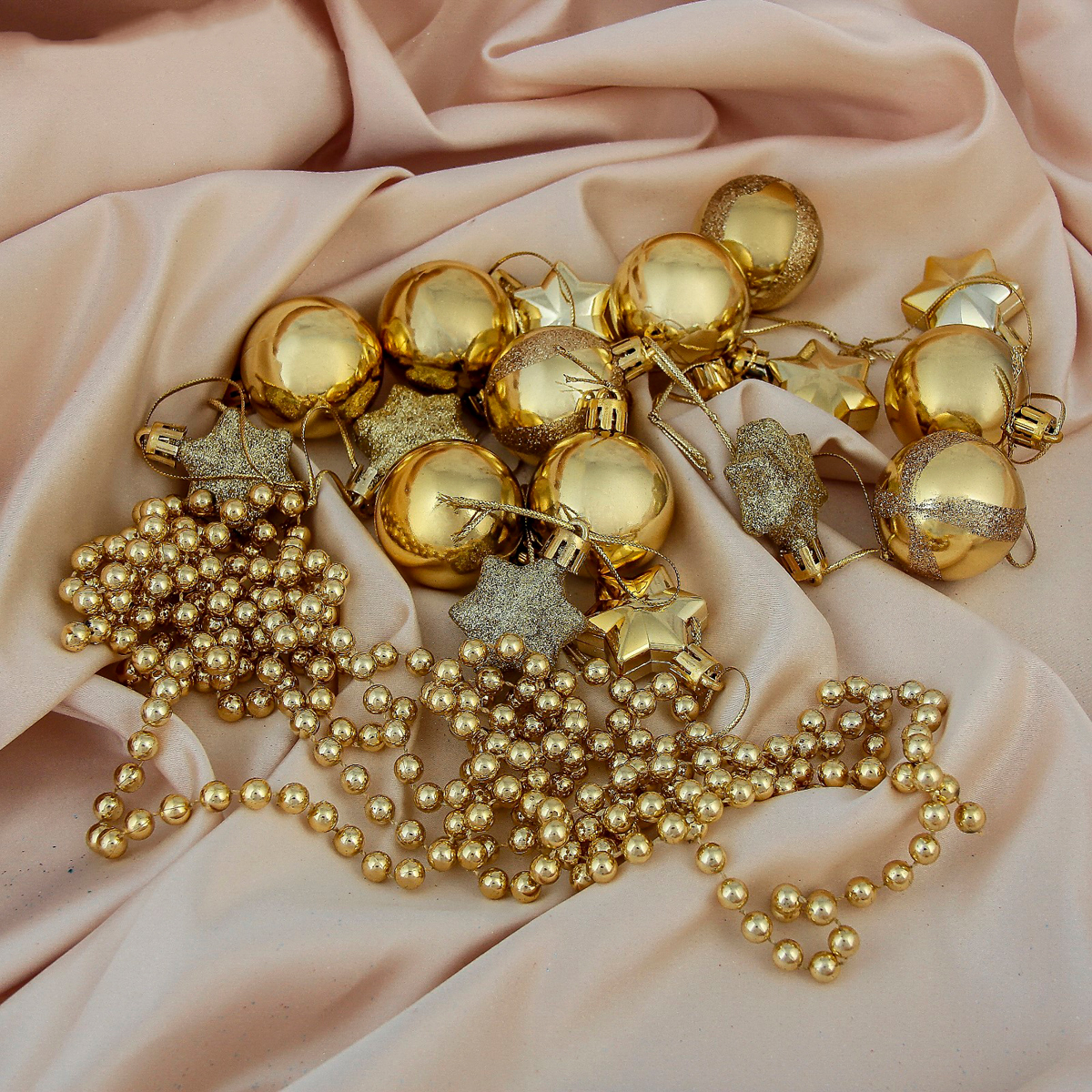 Набор елочных украшений 18 шт. "звездная ночь" (9 шаров, 8 звезд, бусы) золотой 3259662