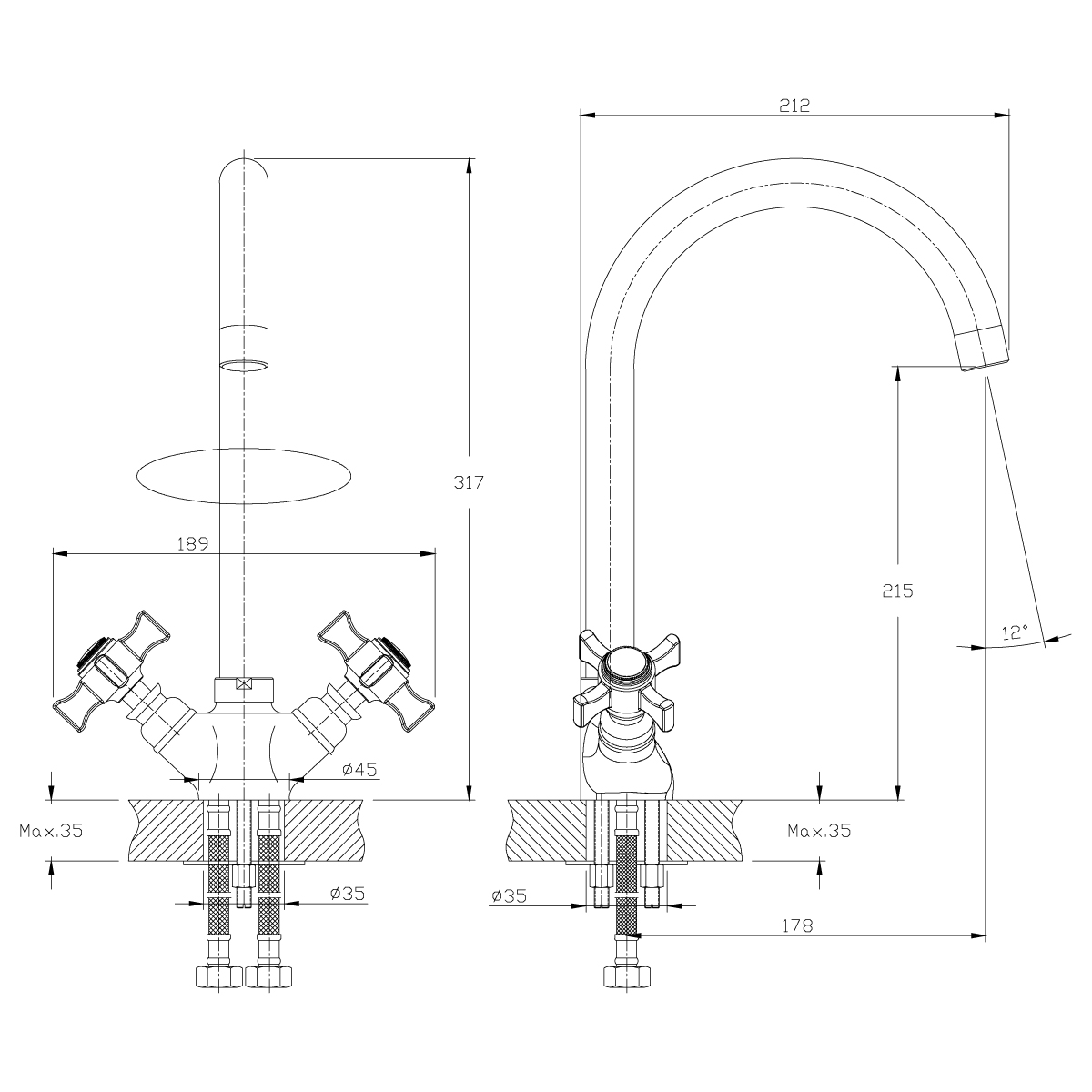 Смеситель для кухни  z02-71  высокий поворотн. излив, двухвентильный (1/12) "rossinka"