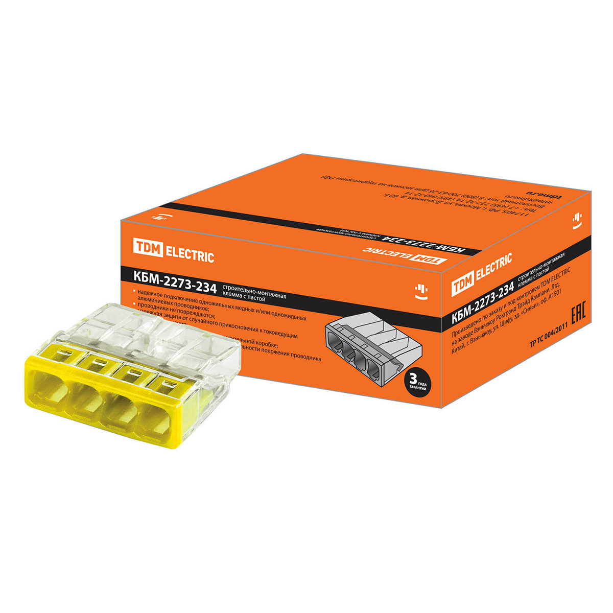 Клемма строительно-монтажная кбм-2273-234  2,5 мм² с пастой, на 4 провода (130/7800) tdm sq0517-0113