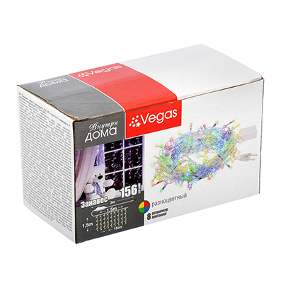 Электрогирлянда "занавес" 1,5*1,5 м, 156 разноцв. ламп, 12 нитей, 8 реж. (1/20) "vegas"