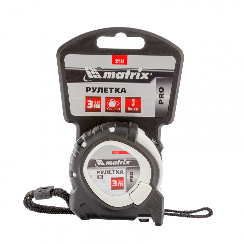 Рулетка Neon, 3 м x 16 мм, обрезиненный корпус, 3 фиксации, Pro Matrix (32590)